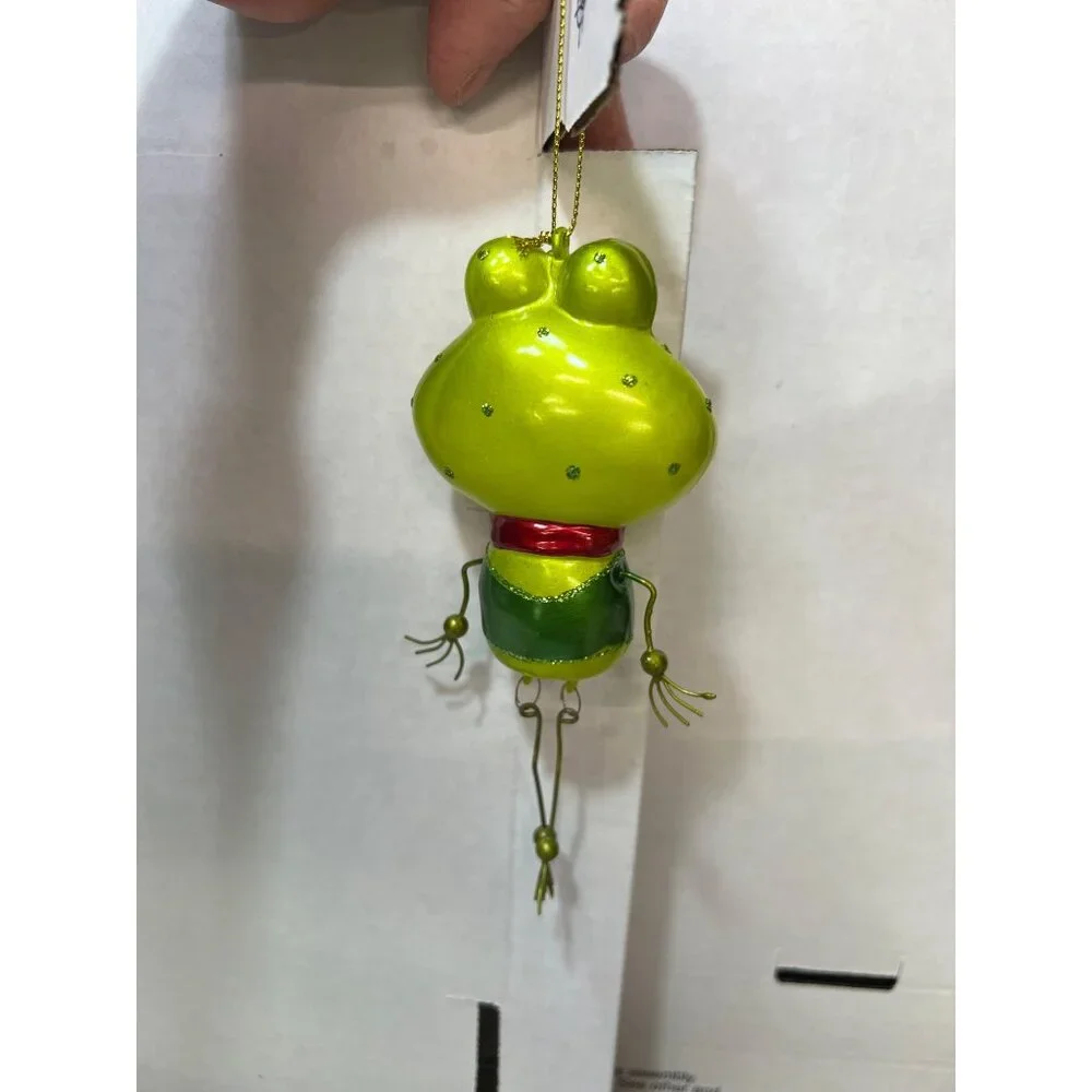 Pier 1 blown glass green lights Frog Hanging Figurine Ornament With Red Bow Tie